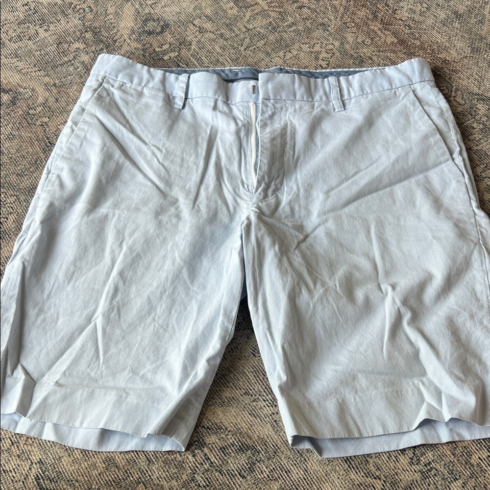 Uniqlo Men's light blue and‎ white striped  Flat Front Shorts